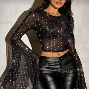 Women's Casual Knitted See-Through Glitter Sparkle Short Top With Flared Sleeves